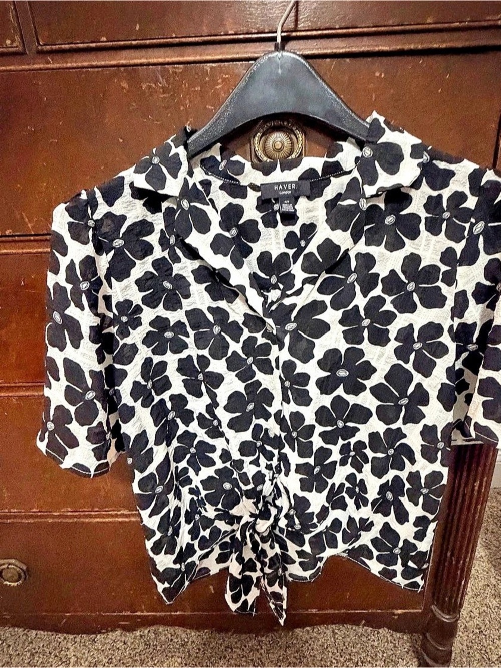 Haver London Floral Tie-Front Blouse in Black & White Size Small
